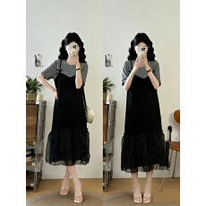 批发实拍<b class='q'>大码</b><b class='q'>女装</b>假两件蝴蝶结背带拼接直筒显瘦减龄时尚连衣裙过膝