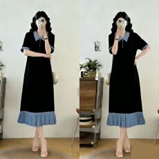 批发实拍<b class='q'>大码</b><b class='q'>女装</b>POLO领格子拼接时尚显瘦夏季长款过膝连衣裙