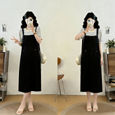 批发实拍大码女装条纹拼接夏季假两件背带减龄显瘦时尚连衣裙