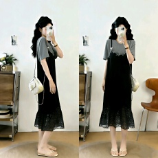 批发实拍大码女装胖mm假两件背带蕾丝拼接时尚显瘦长款连衣裙