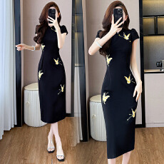 批发实拍大码女装胖MM改良旗袍蝴蝶绣花新款性感复古修身单开叉连衣裙