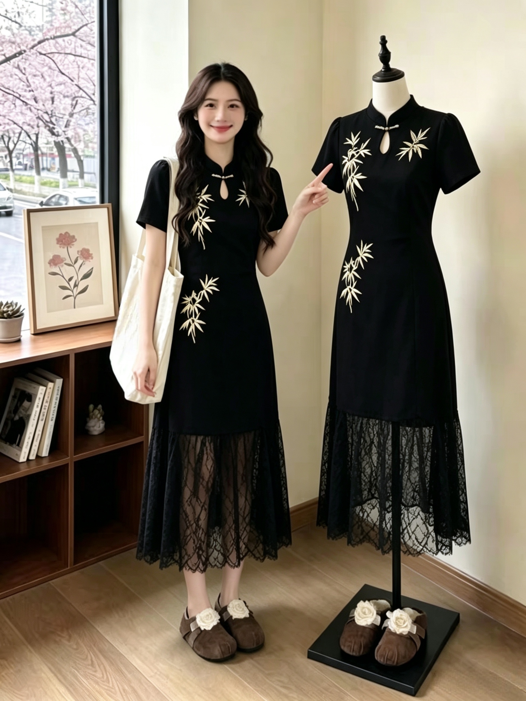 실사 빅 사이즈 여성 의류 지방 mm 레트로 무거운 작업 자수 패치워크 레이스 치마 슬림해 보이는 롱 코트 드레스