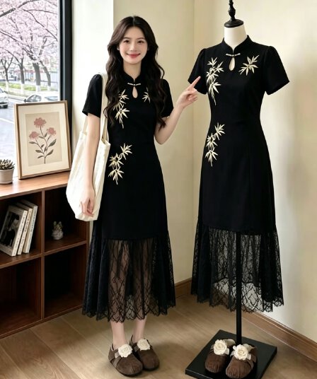 실사 빅 사이즈 여성 의류 지방 mm 레트로 무거운 작업 자수 패치워크 레이스 치마 슬림해 보이는 롱 코트 드레스