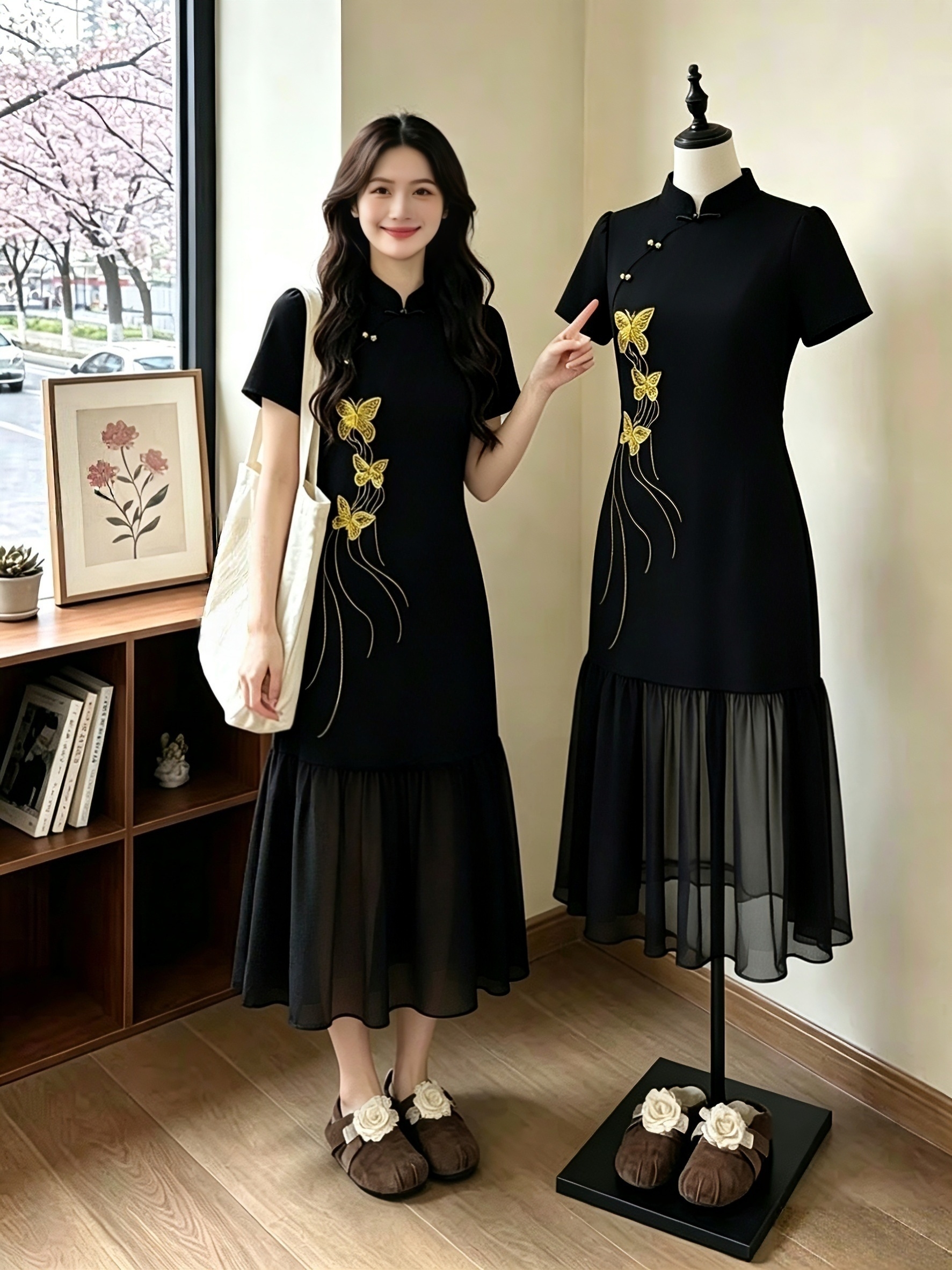 실사 빅 사이즈 여성 의류 지방 mm 레트로 중식 개선 여름 나비 자수 패치워크 쉬폰 패션 연령 감소 롱 스커트