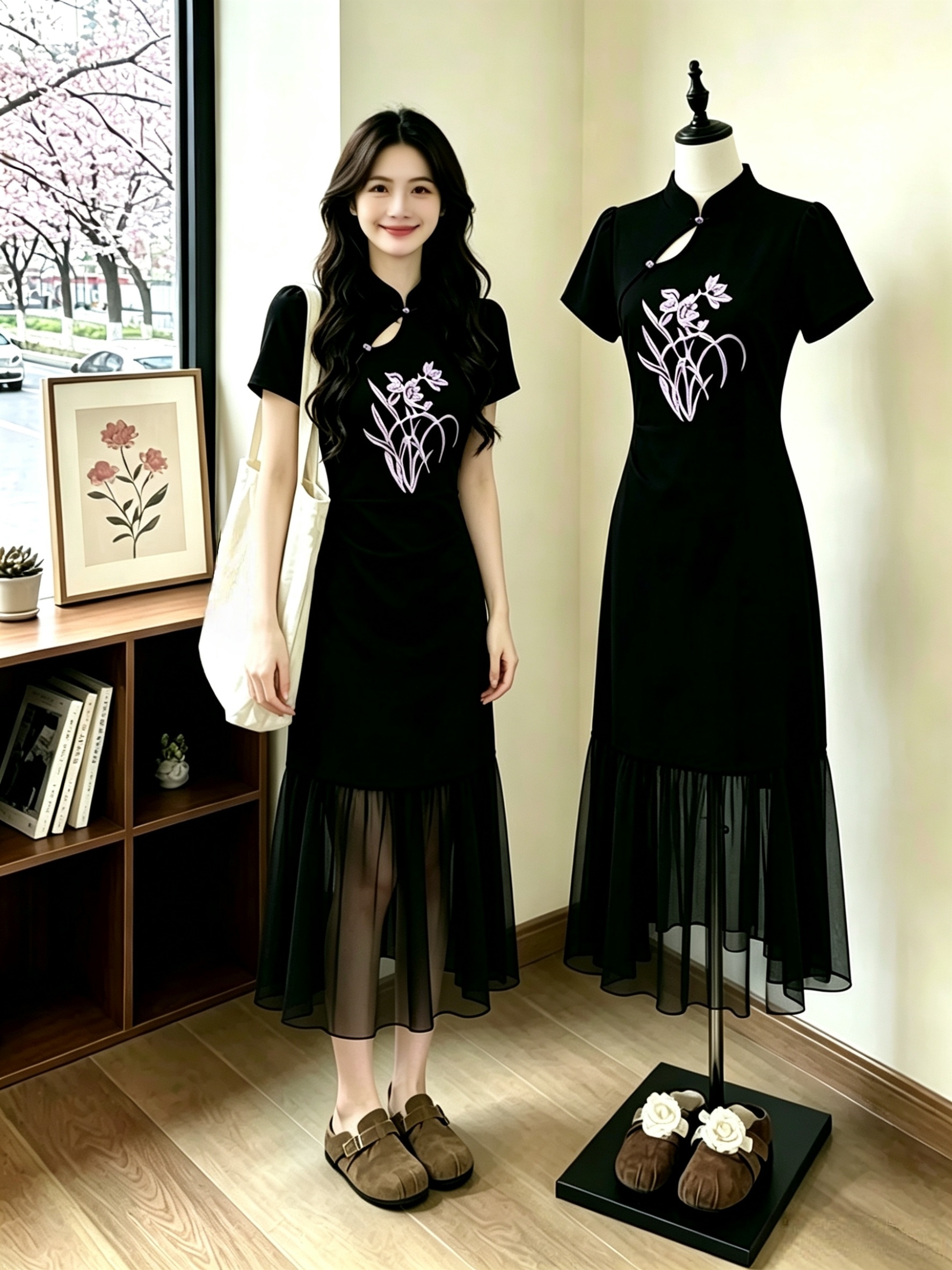 실사 빅 사이즈 여성 의류 지방 mm 레트로 중식 개선 여름 꽃 자수 패치워크 쉬폰 패션 연령 감소 롱 스커트