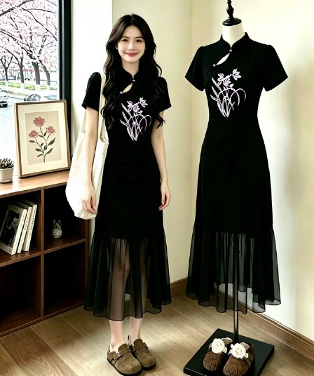 실사 빅 사이즈 여성 의류 지방 mm 레트로 중식 개선 여름 꽃 자수 패치워크 쉬폰 패션 연령 감소 롱 스커트