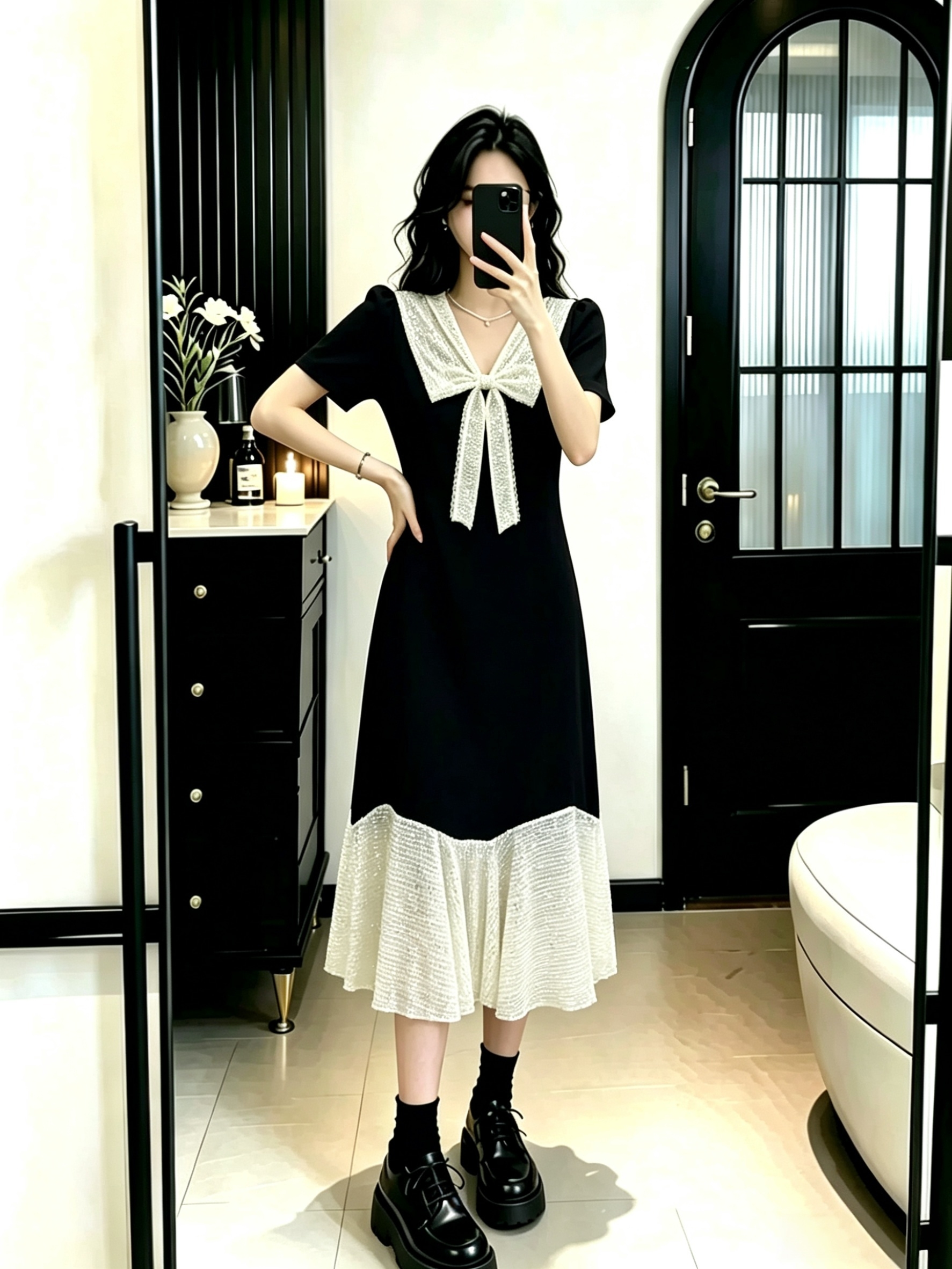 실사 빅 사이즈 여성 의류 흑인과 백인 패치워크 슬림해 보이는 V넥 패션 연령 감소 여름 새로운 드레스