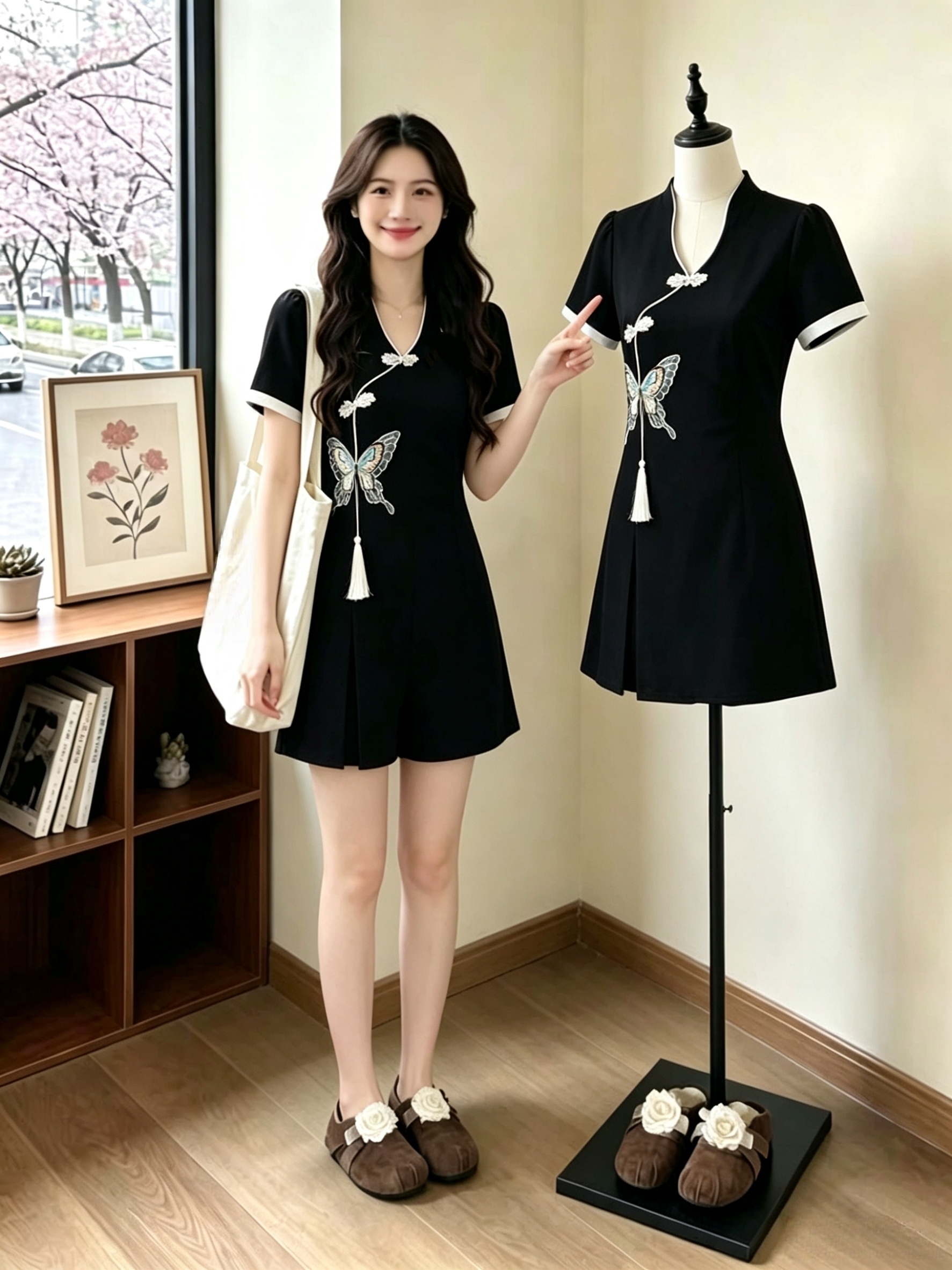 실사 빅 사이즈 여성 의류 중식 국풍 여름 주간 실크 자수 맨위 반바지 세트