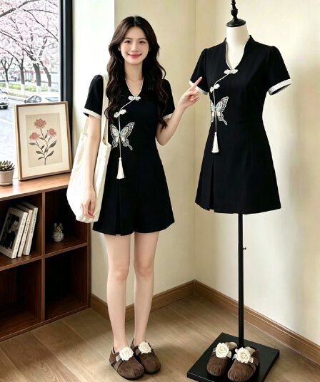 실사 빅 사이즈 여성 의류 중식 국풍 여름 주간 실크 자수 맨위 반바지 세트