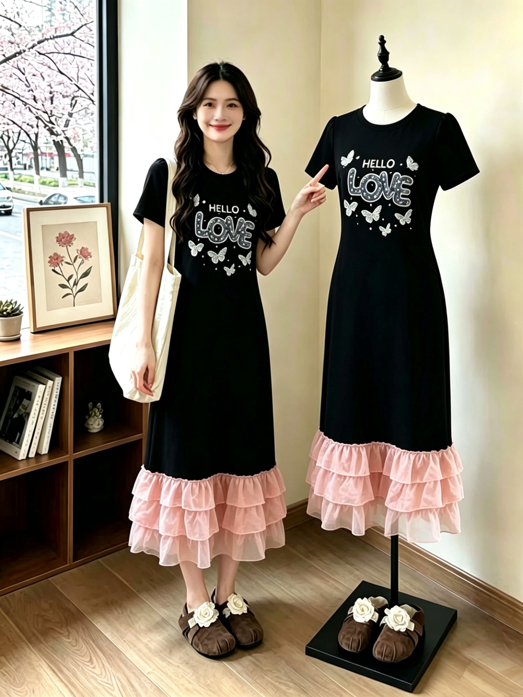 실사 빅 사이즈 여성 의류 지방 mm 패션 나비 매듭 핫픽스 연령 감소 쉬폰 패치워크 슬림해 보이는 무릎 아래 드레스