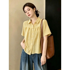 批发实拍大码女装<b class='q'>格子</b>时尚减龄夏季短袖衬衫开衫上衣