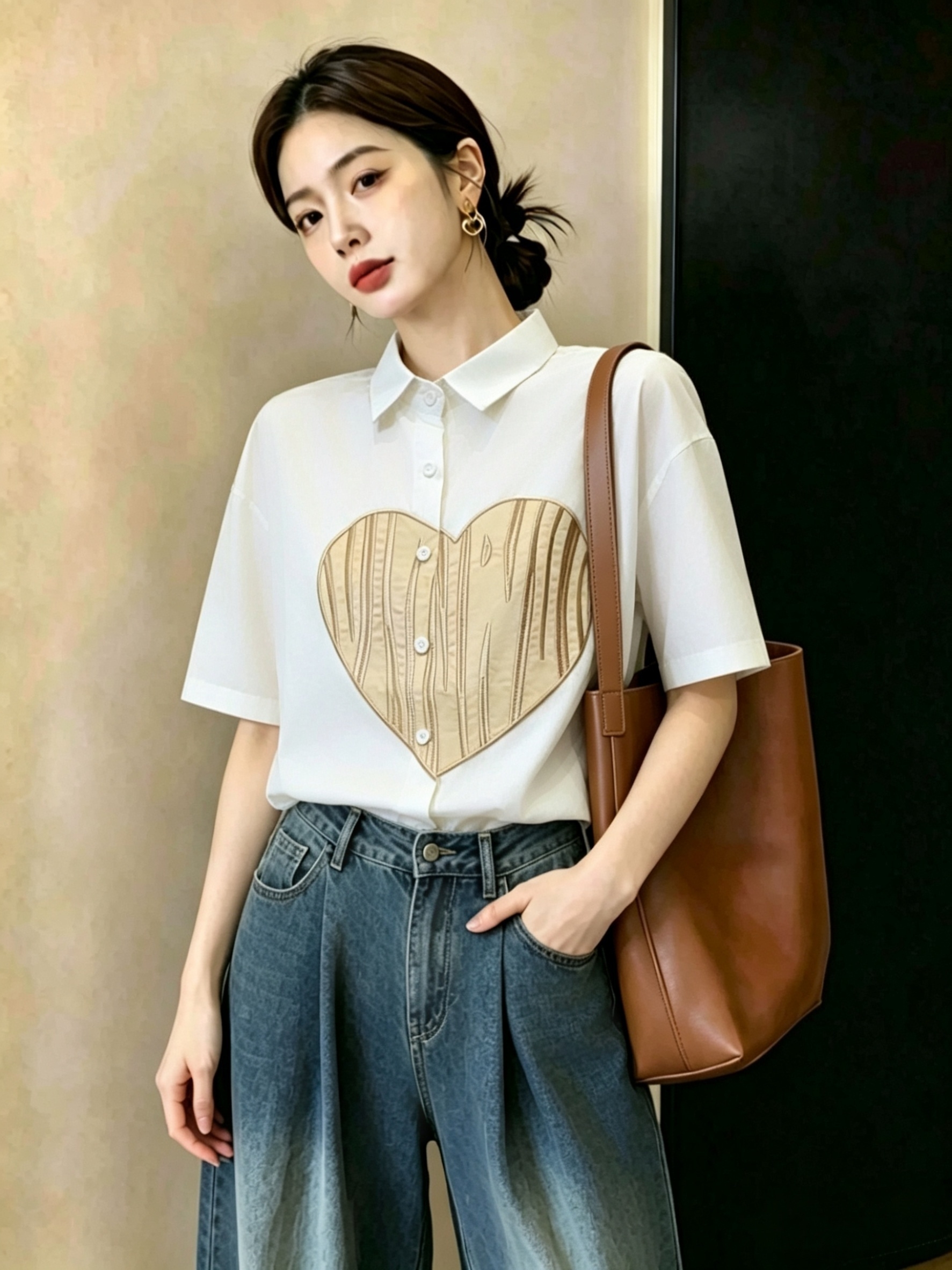 실사 빅 사이즈 여성 의류 무거운 공예 하트 자수 여름 패션 연령 감소 셔츠 맨위