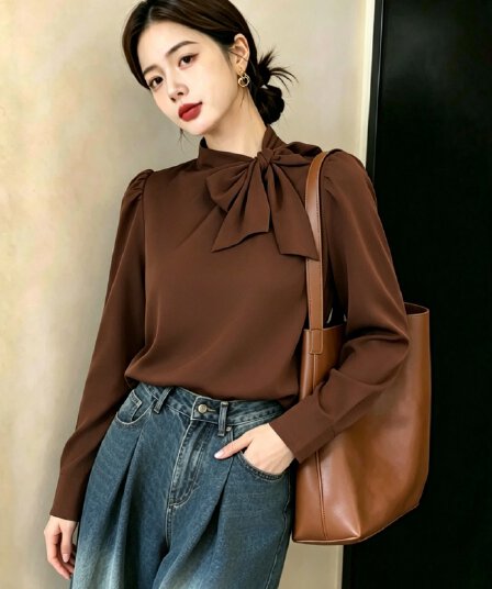 실사 빅 사이즈 여성 의류 가을 신제품 커피 색상 나비 매듭 스트랩 캐주얼 품격 셔츠 맨위