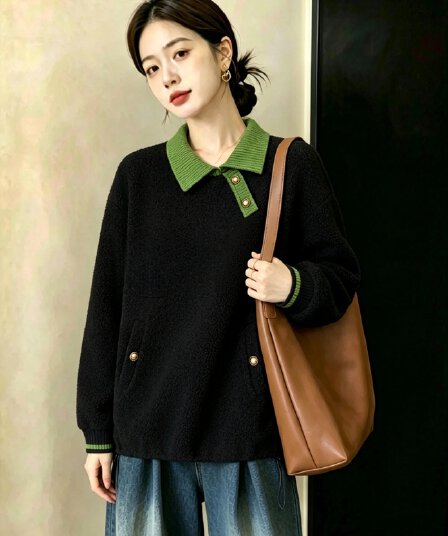 실사 검정색 양털 페이크 레이어드 후드티 여성 가을 겨울 두꺼운 새로운 유럽 상품 루즈핏 빅 사이즈 슬림해 보이는 재킷