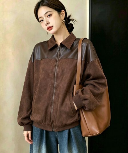 실사 빅 사이즈 여성 의류 사슴 캐시미어 패치워크 pu 가죽 자켓 가을 겨울철 맨위