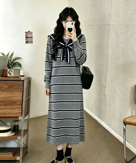 실사 빅 사이즈 지방 mm 여성 의류 연령 감소 학원 스타일 스트라이프 넥타이 가을 겨울철 니트 스웨터 슬림해 보이는 루즈핏 롱 스커트