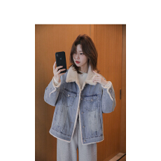 批发牛仔外套女冬加绒2026冬季仿<b class='q'>兔毛</b>内里韩系小个子厚棉服棉衣棉袄
