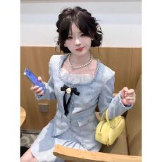 批发蓝色小香风<b class='q'>套装</b>2025新款春秋小清新学院风气质名媛百褶裙两件套潮