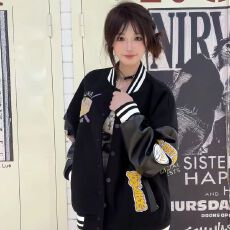 批发现货 重工刺绣毛呢拼皮春秋拼接撞色棒球外套国潮牌高街<b class='q'>宽松</b>夹克