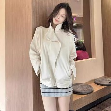批发米白色立领长袖麂皮外套<b class='q'>女</b>装春秋高级感宽松气质休闲夹克拉链上衣