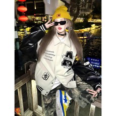 批发美式高街棒球服外套女秋季新款翻领刺绣情侣立领夹克复古宽松上衣