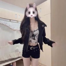 批发2025美式复古黑色短款翻领麂皮外套女秋冬新款设计感小众机车夹克