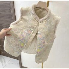 批发花好月圆中式加棉秋冬气质马夹国风重工刺绣百搭宽松毛边坎肩