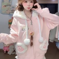 批发日系少女可爱刺绣小猫卫衣女秋冬季加绒加厚宽松<b class='q'>开衫</b>连帽甜美外套