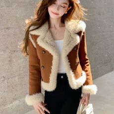 批发皮毛一体咖色羊羔毛外套<b class='q'>女</b>冬季高级感超好看时髦洋气加厚保暖上衣
