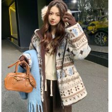 批发费尔岛提花连帽仿羊羔毛外套<b class='q'>女</b>秋冬款2025新款小个子加厚保暖棉衣