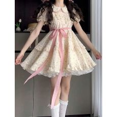 批发甜美碎花娃娃领连衣裙女夏季泡泡袖小个子公主蛋糕裙收腰<b class='q'>蓬蓬裙</b>子