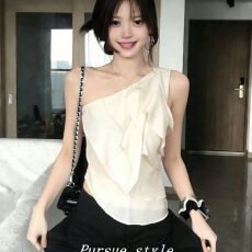 批发【蚕丝条雪纺+带拉链】法式新款荷叶边飘带单肩背心<b class='q'>女</b>纯欲上衣