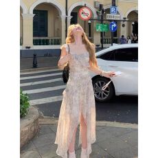 批发高捻雪纺带内里有拉链一碎花水墨不规则印花连衣裙小飞袖荷叶边裙