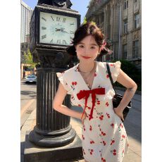 批发原版面料+雪纺内里带拉链一酒渍樱桃蝴蝶结小飞袖甜辣印花短裙<b class='q'>子</b>