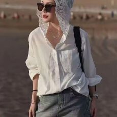 批发洋气高端别致衬衣2026新款春季蕾丝镂空连帽设计感衬衫防晒薄外套