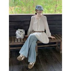 批发（配腰带）法式甜美风收腰长袖衬衫衬衣女春夏新款气质减龄致上衣