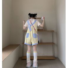 批发韩版甜美可爱少女格纹背带短裤女学生初夏娃娃领花花上衣两件套装