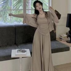 批发慵懒休闲套装女春秋新款<b class='q'>不规则</b>吊带<b class='q'>开衫</b>高腰拖地裤显瘦气质三件套