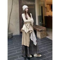 批发不规则显瘦V领喇叭袖针织衫<b class='q'>格子</b>拼接半身长裙女2026春季新款<b class='q'>套装</b>