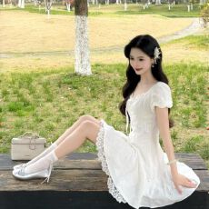 批发<b class='q'>纯棉</b>提花面料+内里+拉链一法式白色蕾丝V领短袖<b class='q'>连衣裙</b>绝美收腰裙