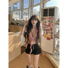 批发辣妹风复古<b class='q'>格子</b>短袖衬<b class='q'>衫</b>女装2026年夏季新款小众时尚百搭上衣潮