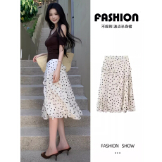 批发白色不规则荷叶边波点短裙女夏季2026新款高腰显瘦法式包臀半身裙