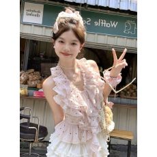 批发<b class='q'>甜美</b>氛围感ins风粉色波点拼接荷叶边挂脖背心上衣蓬蓬蛋糕裙夏季