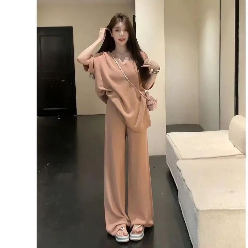 여름 새로운 느긋한 루즈핏 와이드 레그 팬츠 캐주얼 패션 반팔 여성 한 부서 느슨함 센스 투피스 세트 938