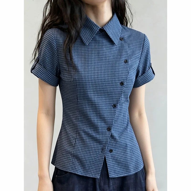 순면 컬러 짜임 그리드 비스듬한 칼라 체크무늬 여성 셔츠 여름 한국 스타일 몸매 가꾸기 슬림해 보이는 디자인 센스 맨위 반팔 셔츠
