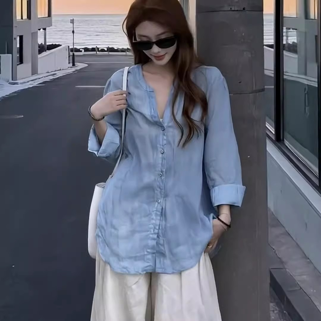 돈 바람 느슨함 센스 파란색 아마 자외선 차단 여성 셔츠 여름 얇고 가벼운 착용 가져 가라. 캐주얼 레트로 셔츠 라미 맨위