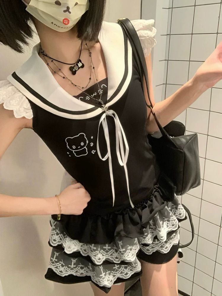 소녀 바람 숯 문화 여성 여름 투피스 슈트 나비 매듭 레이스 레이스 몸매 가꾸기 반팔 달콤한 차가운 케이크 드레스