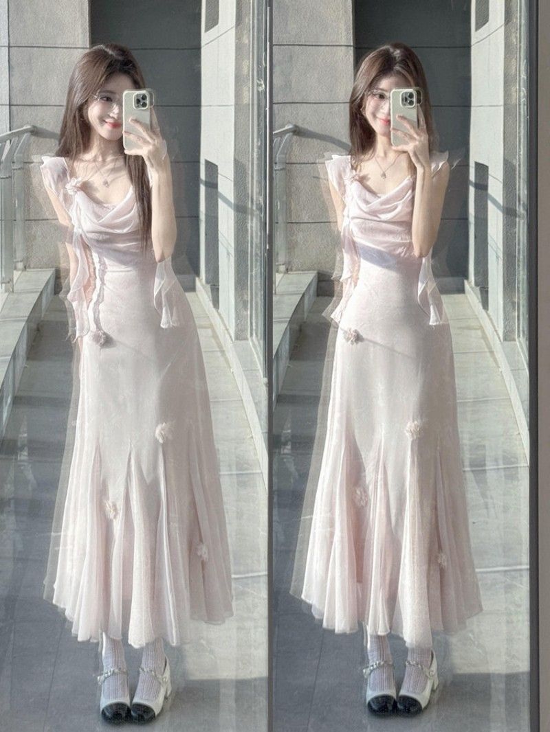 흔들다 칼라 감정 ~ 중 치마 해변가 휴가 프랑스식 고급 슈퍼 잘 생긴 아름다운 고유 한 핑크색 드레스