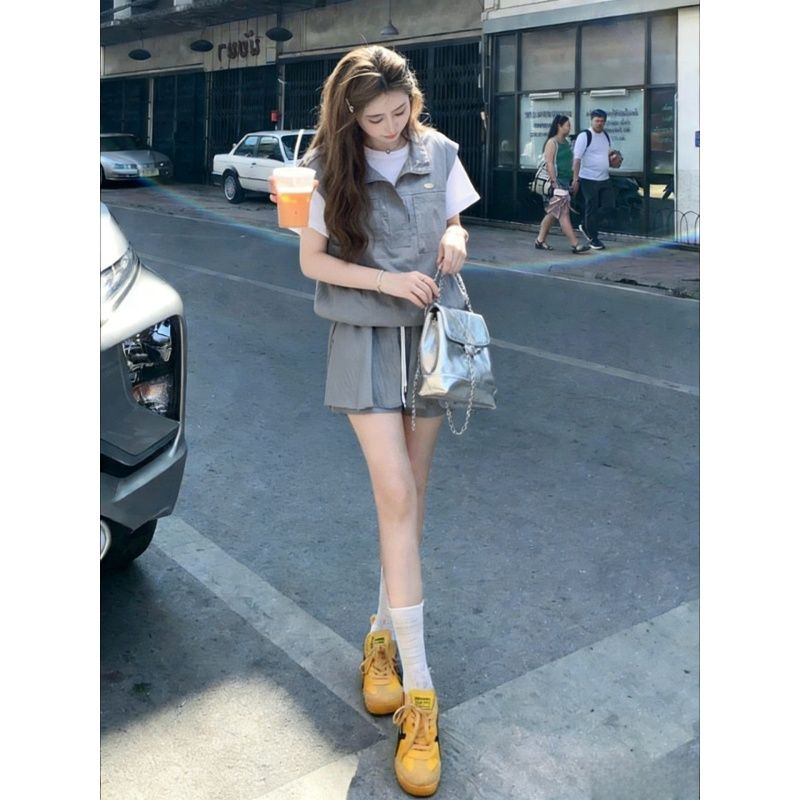 한 부서 페이크 레이어드 스포츠 슈트 여성 여름 얇은 스타일 루즈핏 슬림해 보이는 작은 키 반팔 반바지 캐주얼 투피스 세트