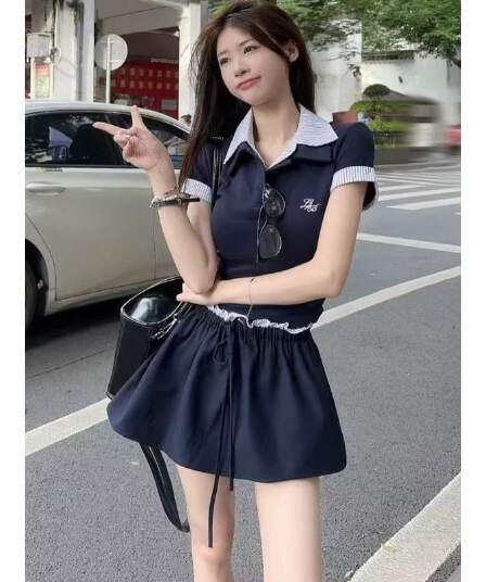 학원 스타일 착용 가져 가라. 세트 스트라이프 패치워크 POLO 칼라 반팔 티셔츠 여성 여름 하이웨이스트 한 마디 반신 스커트 투피스 세트
